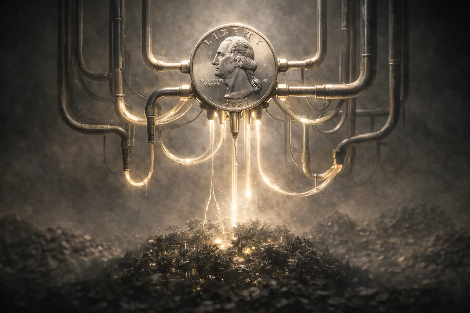 Abstract editorial illustration: dollar coin connected to pipes feeding a fragile ecosystem
