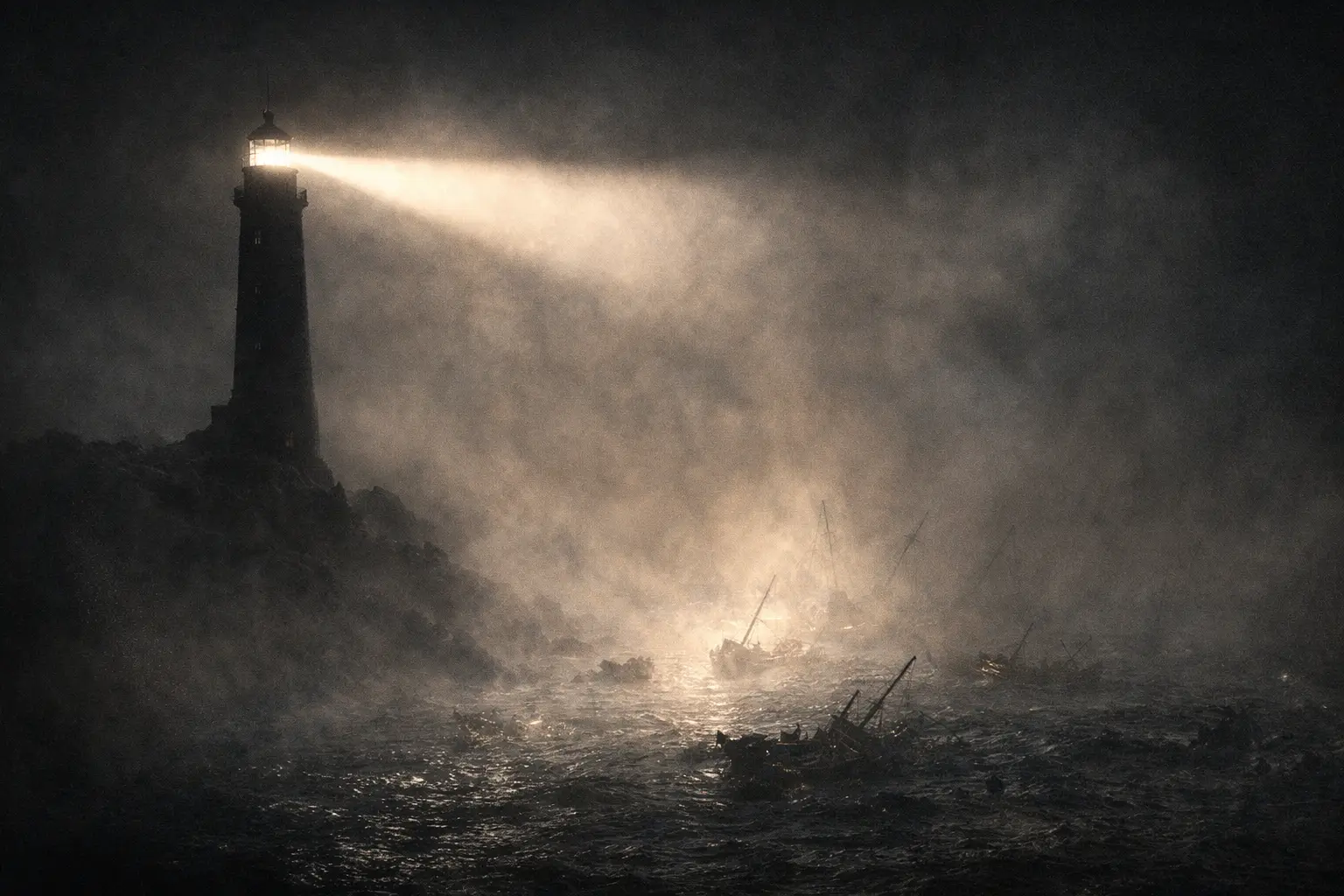 Abstract editorial illustration: lighthouse beam through fog revealing wreckage