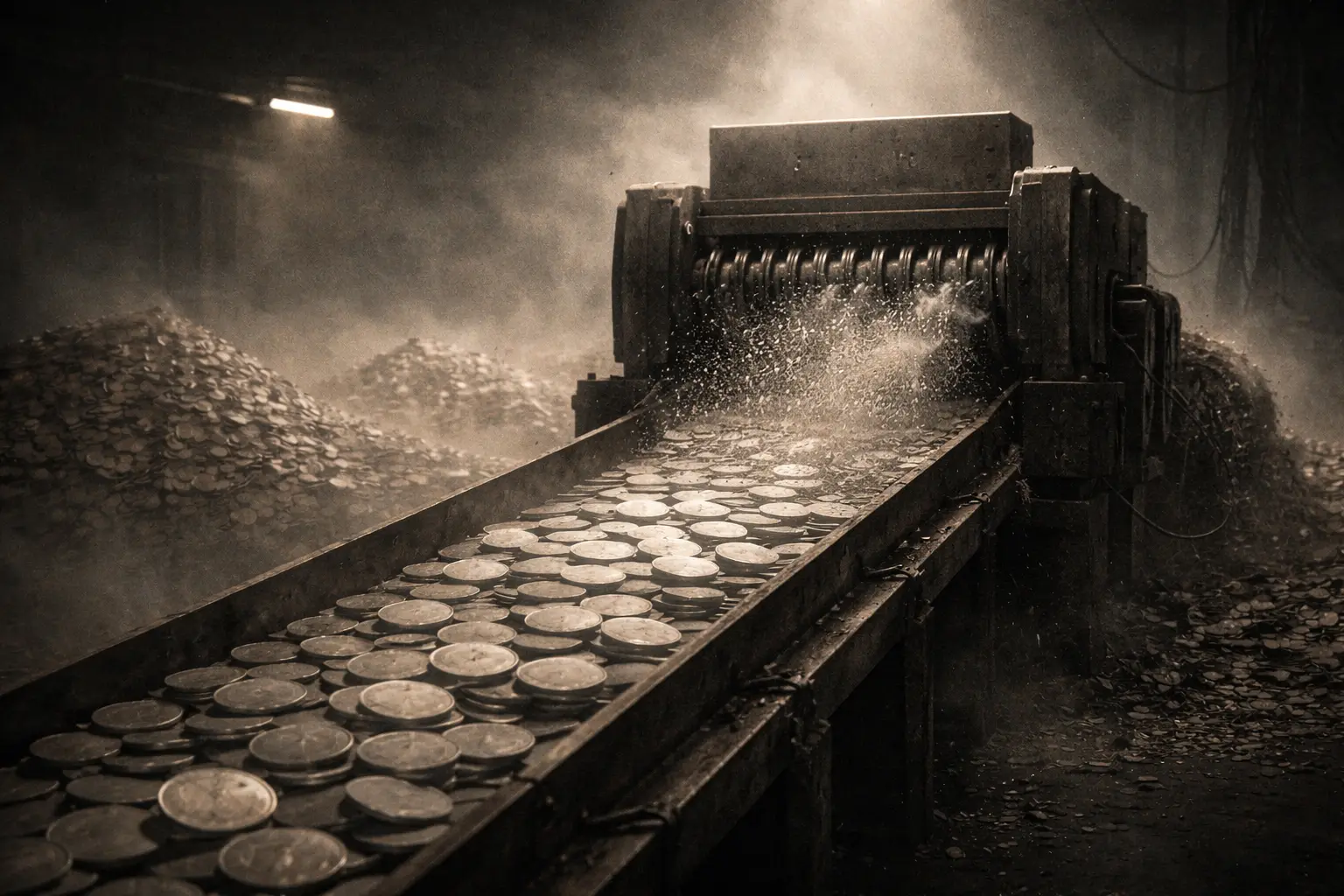 Abstract editorial illustration: conveyor shredding blank tokens into dust