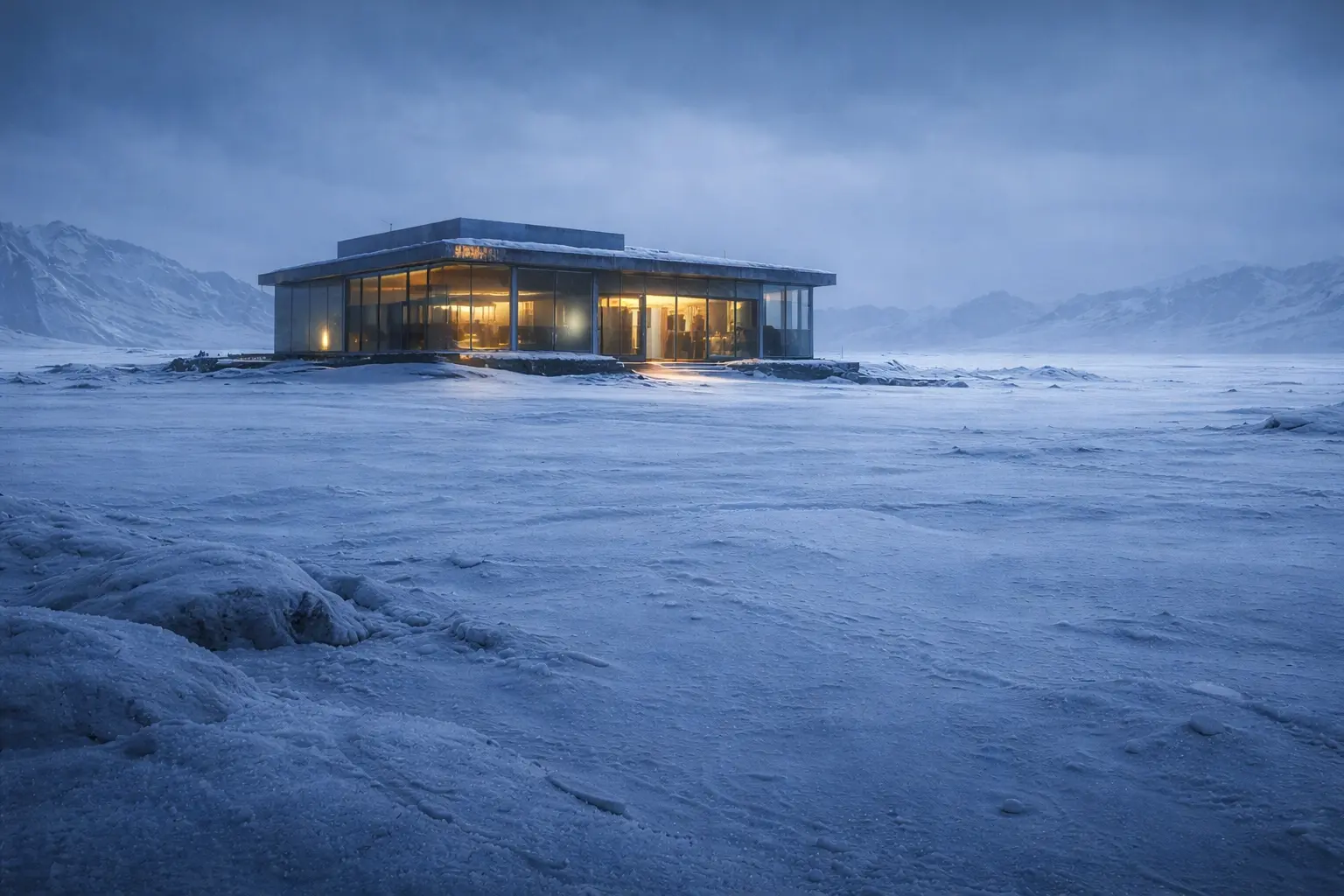 A modern glass flagship store glowing warmly in an empty frozen desert, isolated under an overcast sky
