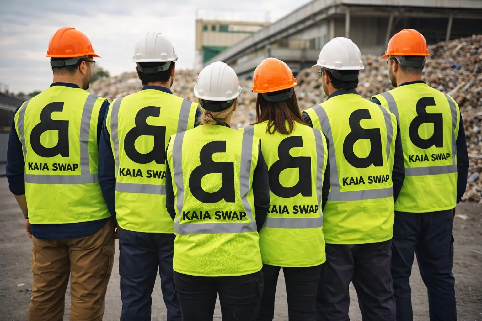 Group Of Workers Wearing Vest With Kaia Swap Logo