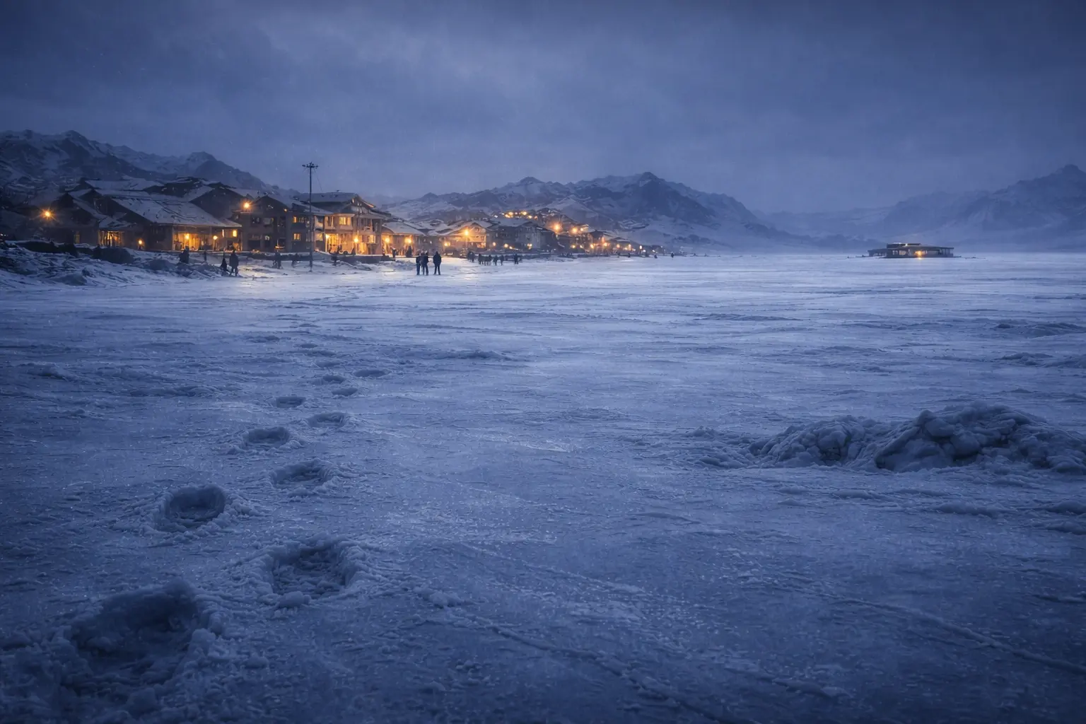 A small warm settlement shows distant activity in a frozen world while an isolated modern store remains alone, contrasting ecosystem gravity