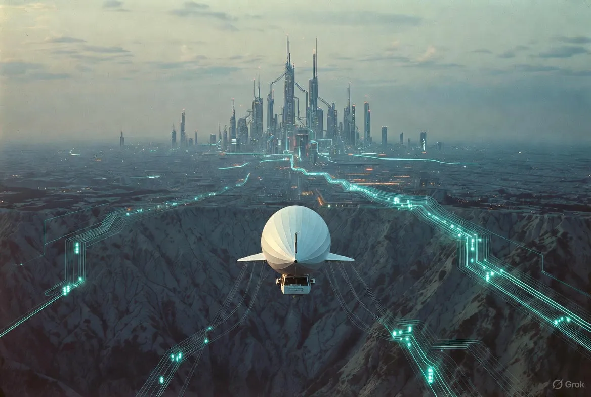 Blimp Flying Towards a Cyberpunk City